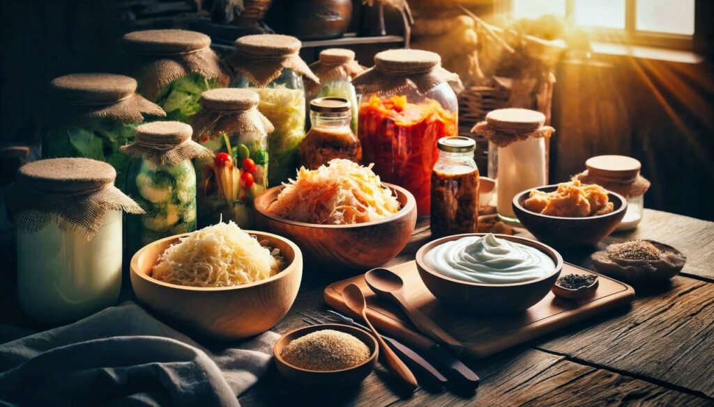 Fermented foods on a cottage table showcasing the many different types of fermented foods: sauerkraut, yogurt and pickled vegetables.